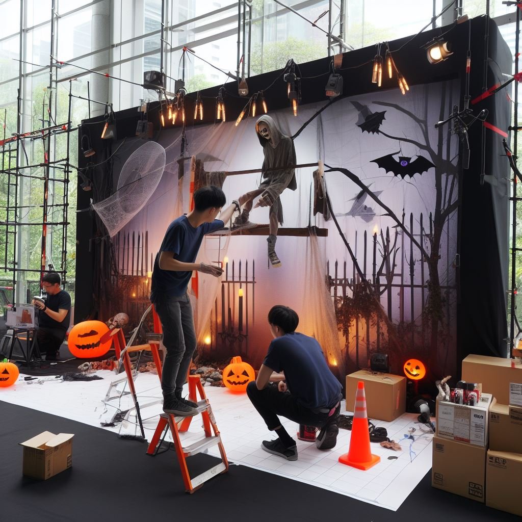 A behind-the-scenes image of setting up a halloween ambient advert