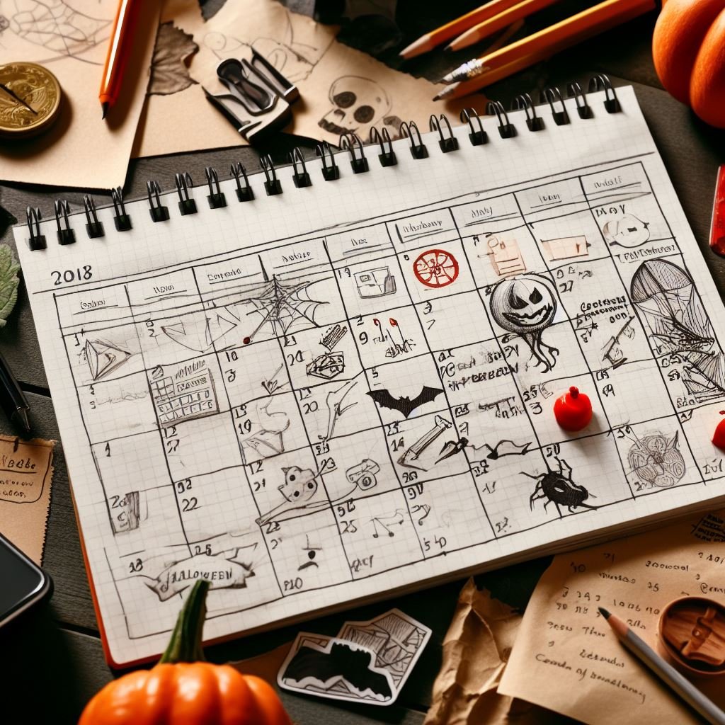 A calendar with notes and sketches for planning the next Halloween