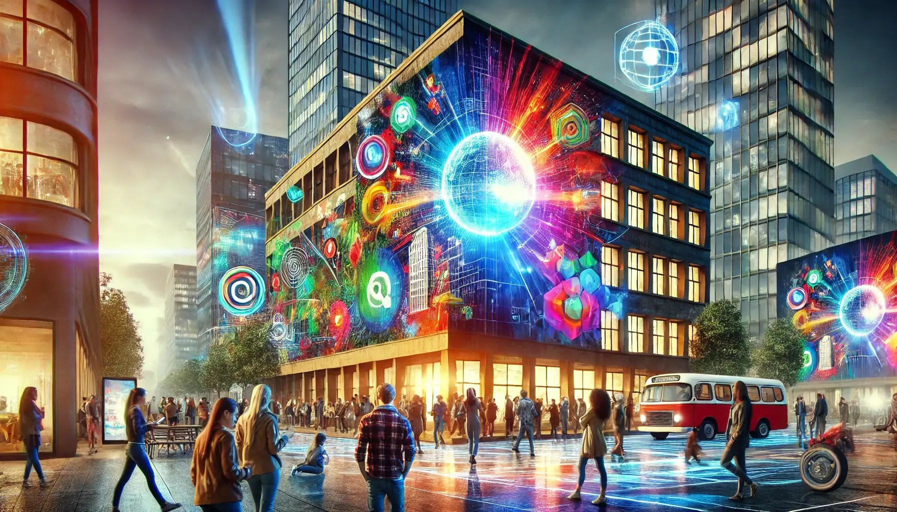 A visually striking featured image for an article on beamvertising, showcasing a vibrant urban scene where a large-scale projection illuminates a buil