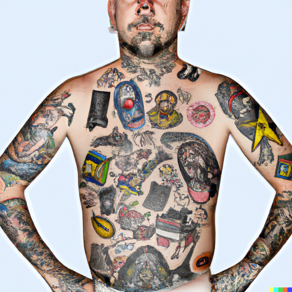 a photo-realistic image of a man with random company logo tattoos all over his body.