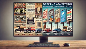 Timeline image depicting the evolution of advertising from vintage print ads and billboards to modern digital ads and social media marketing, illustrating the concept of 'advertising definition' through historical and contemporary examples.