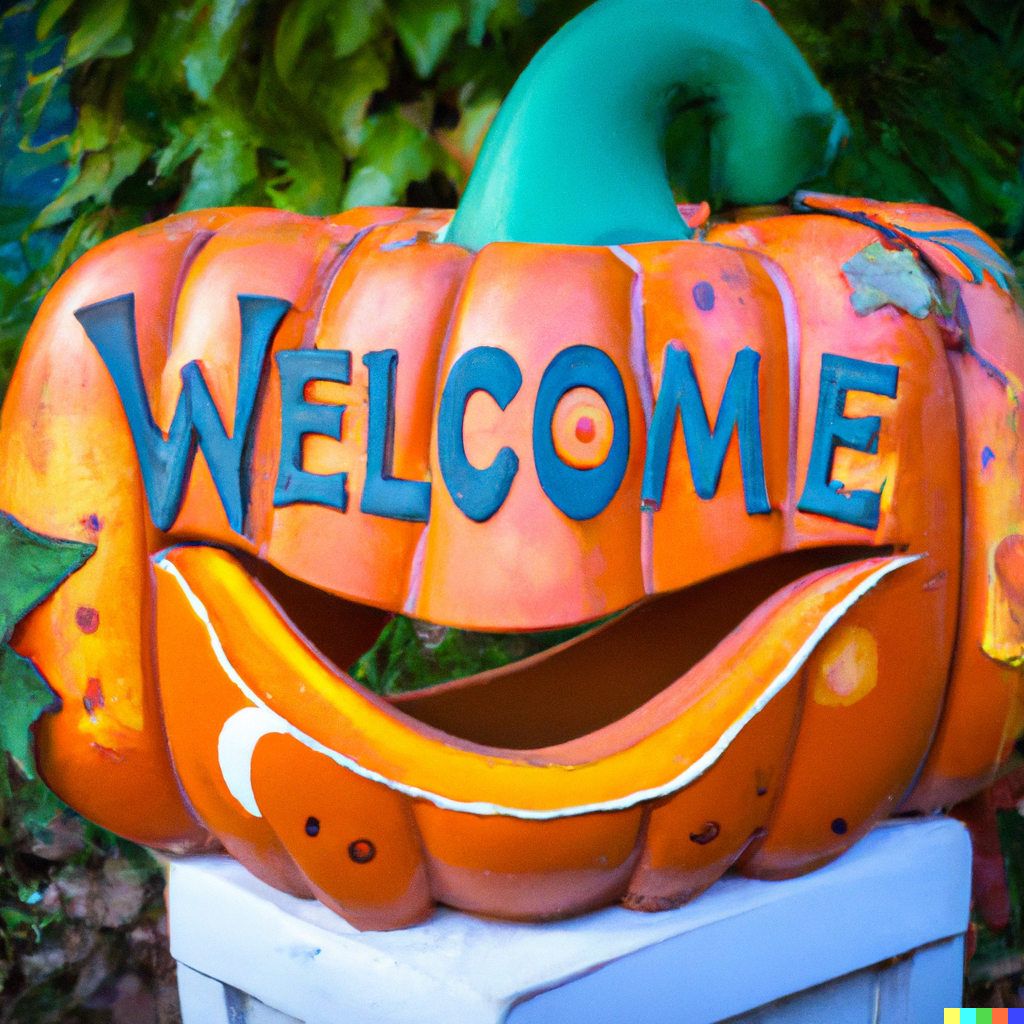 Halloween-themed welcome sign or a pumpkin lantern