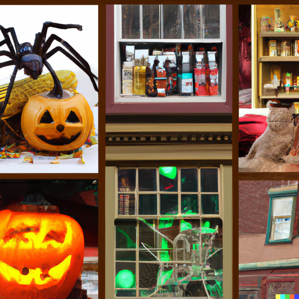 collage of Halloween-themed products or a spooky storefront