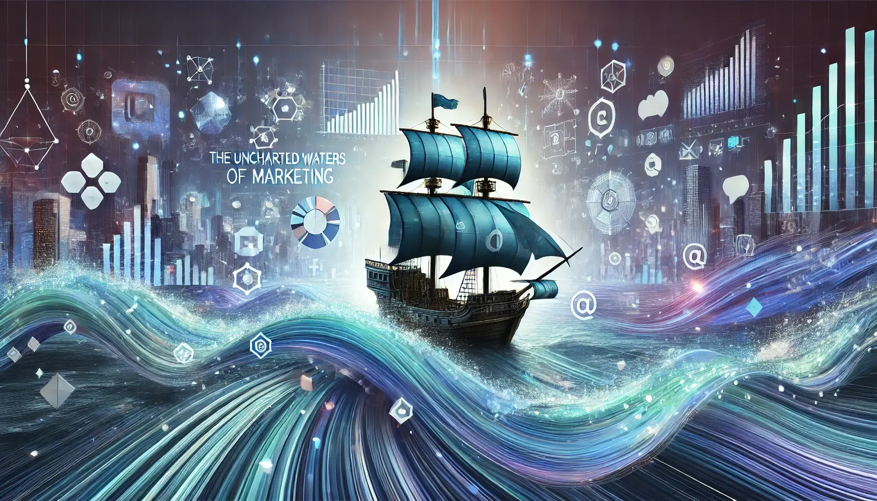 visually engaging image representing the concept 'The Uncharted Waters of Marketing_ Navigating Change in a Digital Era